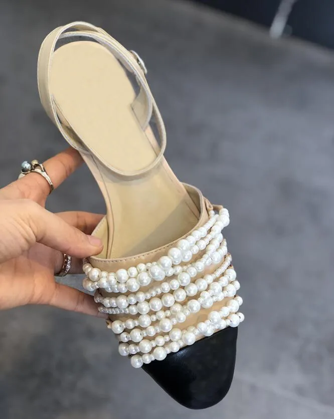 

2019 new summer small fragrance thick heels sandals with pearls women med heels large size women's shoes high heels