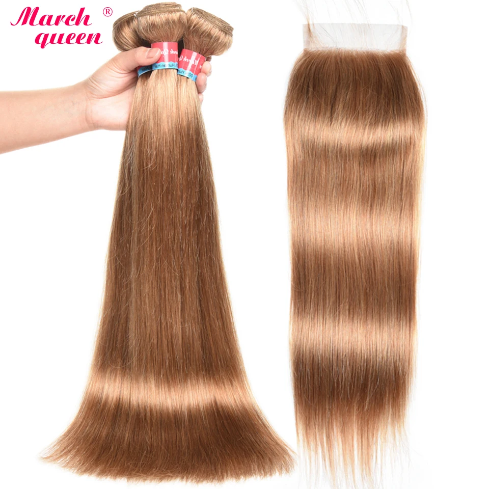 

March Queen #27 Peruvian Straight Hair With Closure Honey Blonde Color Human Hair Weave 3 Bundles With 4X4 Lace Closure