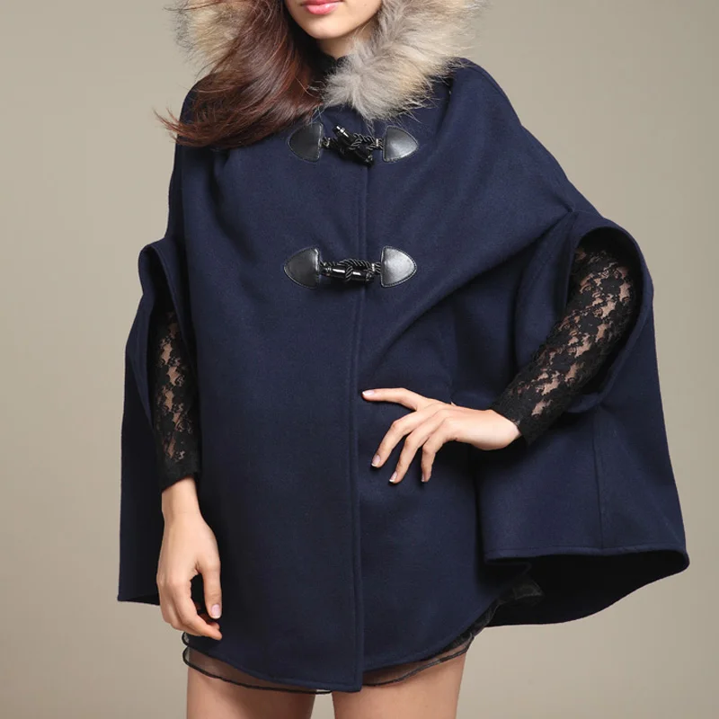 Women's Faux Fur Hooded Cape Coat Oversized Half Sleeve Buttons Poncho | Женская одежда