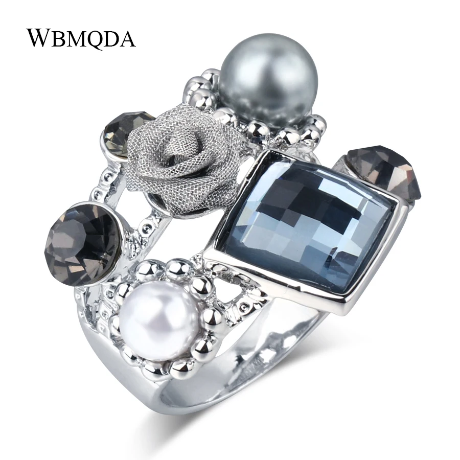 

Personalized Black Rose Pearl Ring Silver Geometric Crystal Gothic Rings For Women Size 6 7 8 9 Fashion Jewelry 2018