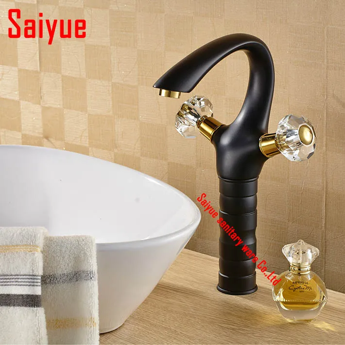 

Retro high black painting bathroom sink faucet dual crystal handle single hole basin mixer lavatory tap deck mounted