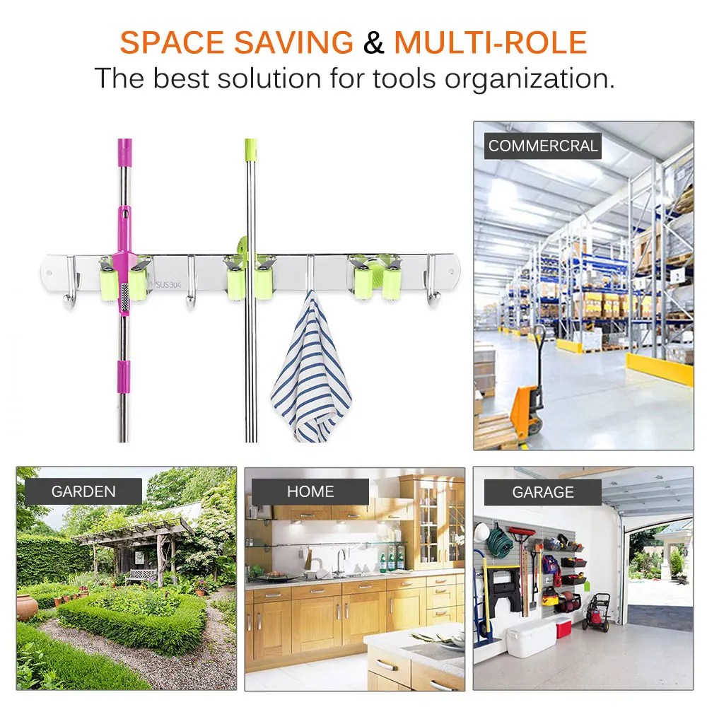 

Broom Mop Holder Wall Mount Stainless Steel Wall Mounted Storage Organizer Heavy Duty Tool Hanger Kitchen Bathroom Closet Garage
