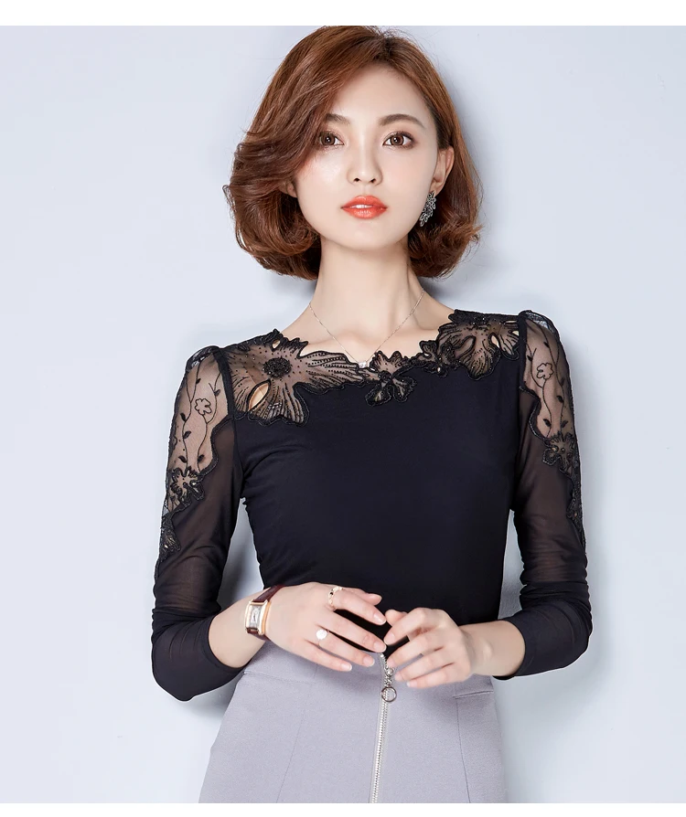 Женская кружевная блузка с цветочной вышивкой и длинным рукавом|women shirt long sleeve|plus