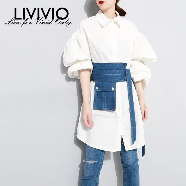 

[MENKAY] 2019 Autumn Long Puff Sleeve Turn-down Collar Loose White Shirt Dress Women Korean Streetwear Fashion Clothing