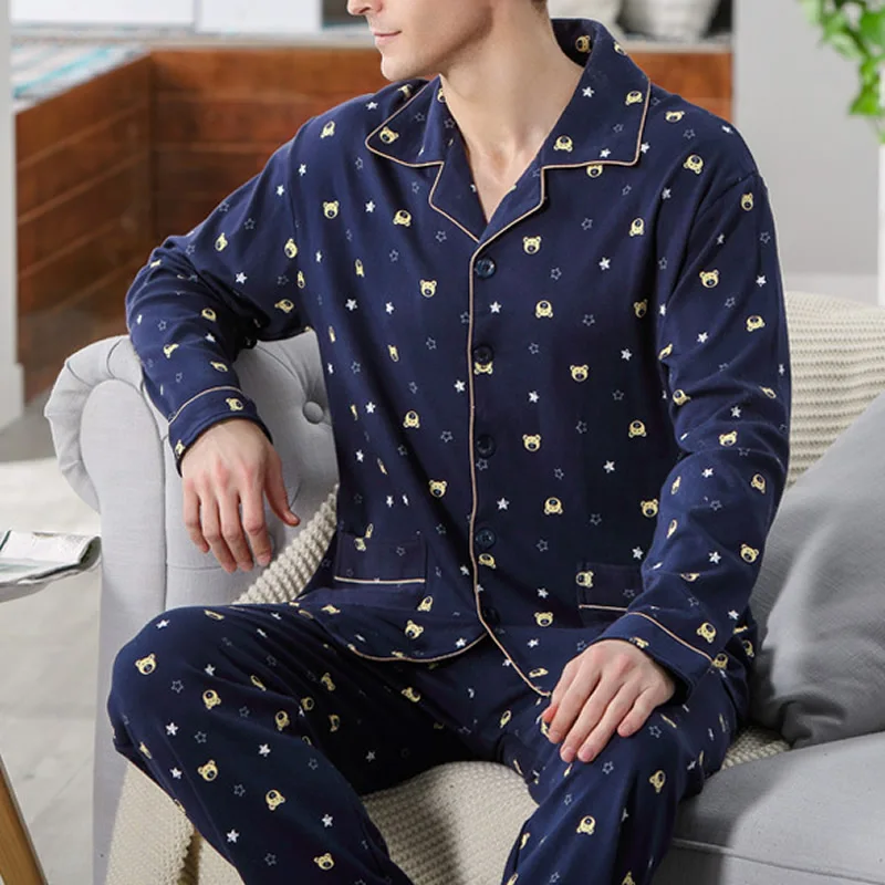 Men Winter Pajama Set Pyjamas for adults printed Cartoon Bear deep blue