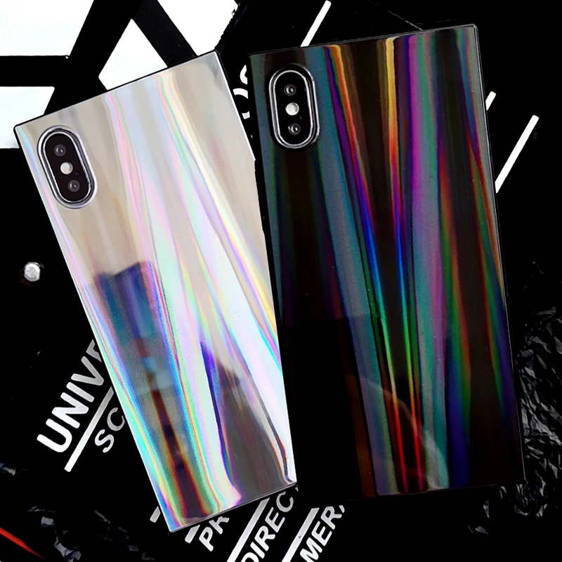 

Cool Rainbow Shining Colorful Phone Case For iphone 7 8 6 6S Plus square Laser case For iPhone X Soft TPU Back Cover Coque Capa