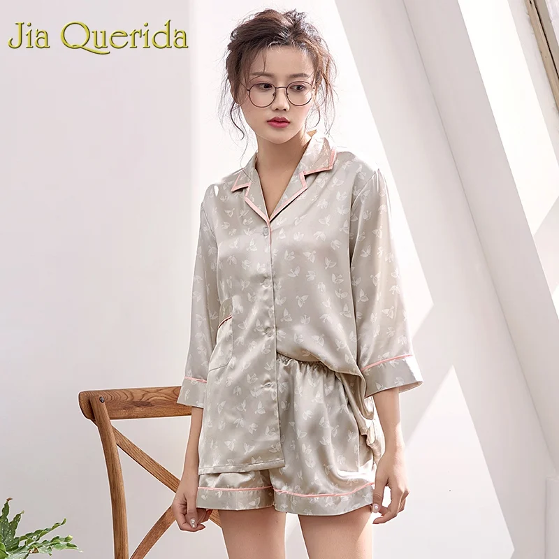

Pijamas Women 2019 Summer Shorts Pj Soft Skin-friendly Satin Silk Lingerie Womens Home Clothes Elegant Glossy Pijama Mujer Suit