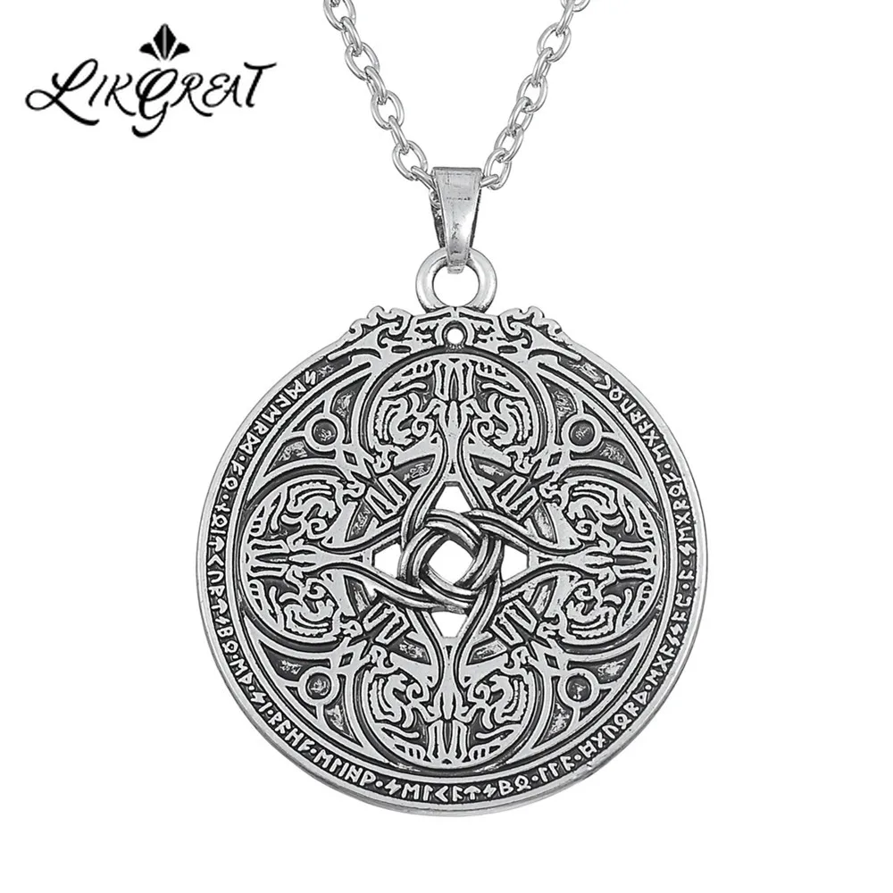 

LIKGREAT Dragon Shield for Military Protection Necklace Round Pendant Wiccan Celtics Knot Amulet Necklace Vintage Jewelry