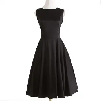 

Black vintage Audrey Hepburn style high waist fashion casual round neck sleeveless slim dress