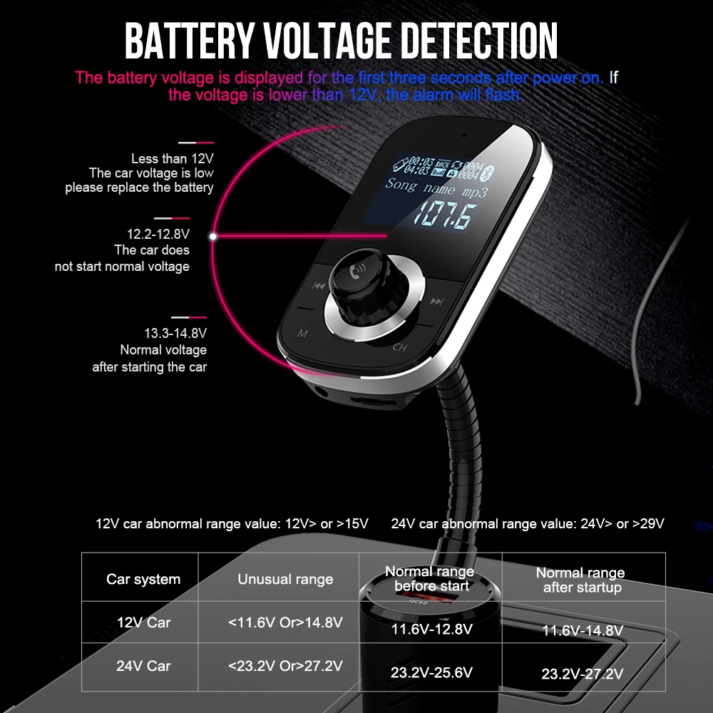 Vehemo QC 3,0 12 V-24 V Bluetooth автомобильный набор, свободные руки, MP3 Dual USB стерео Портативный автомобильный FM Музыка TF карты Handsfree Car аксессуары