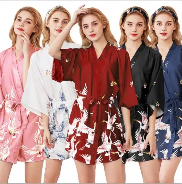 

Bridesmaid Robes for Women Print Mini Dress 2019 Summer Silk Satin Kimono Robe Badjas Short Sleeve Nightie Sleepwear Fit 40-75kg
