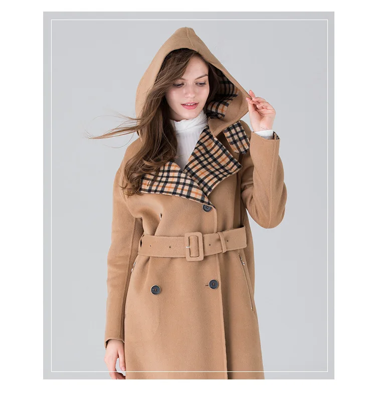 Зимнее кашемировое пальто женская Европейская версия с капюшоном высококачественное сшитое вручную длинное двустороннее шерстяное пальто