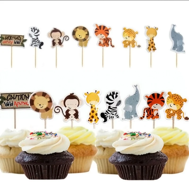 

24pcs Party Safari Jungle Animal Cupcake Toppers Picks Birthday Party Decoration Kids Baby Shower Boy Favors Cupcake Toppers