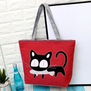 

10PCS / LOT Women Canvas Shopping Bag Eco Foldable Cat Printing Tote Pouch Folding Women Casual High Capacity Shoulder Bag