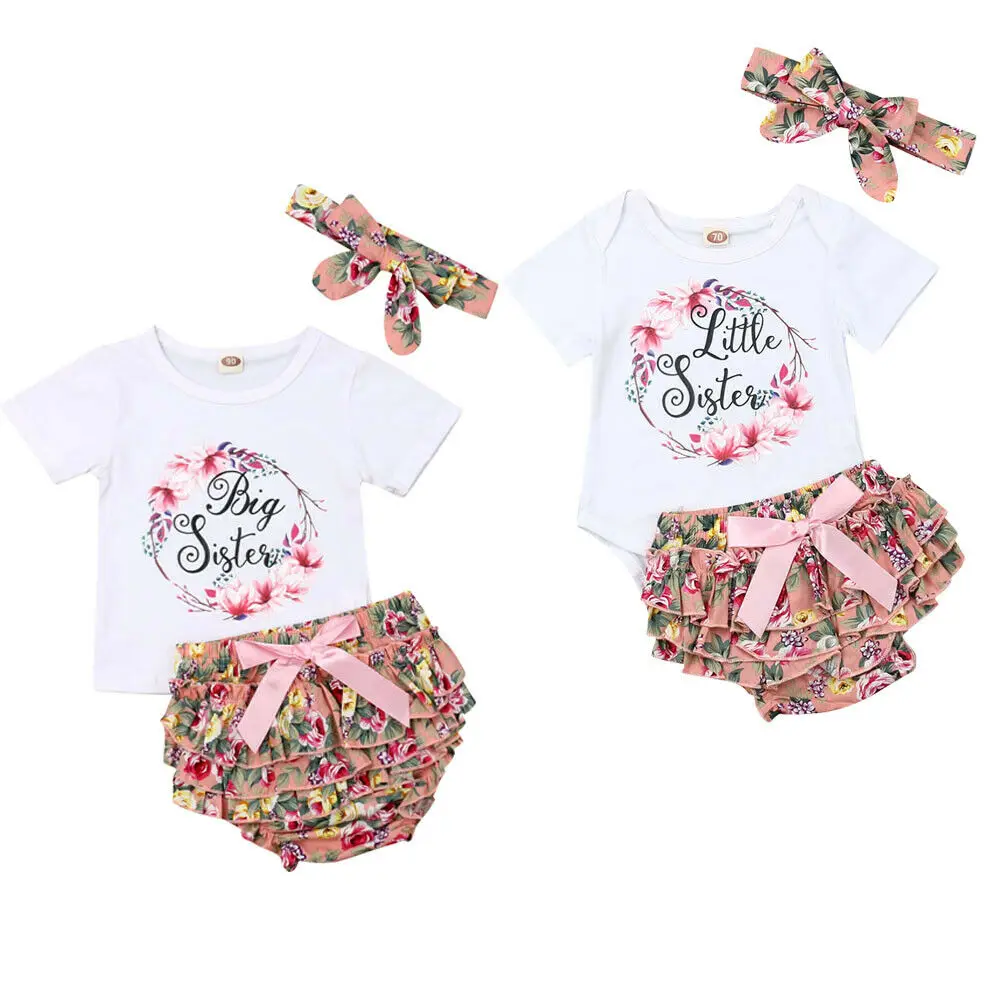 

2019 New Matching Clothes Big Sister T-shirt Little Sister Romper+Flower Shorts Outfit