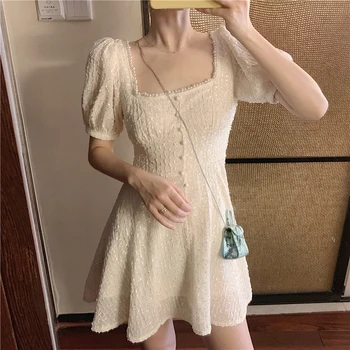 

Fashion Elegent Luxury Puff Sleeve Beaded embroidery Chiffon A-Line Dress Women Short Sleeve Square Collar Pearl Button Dress