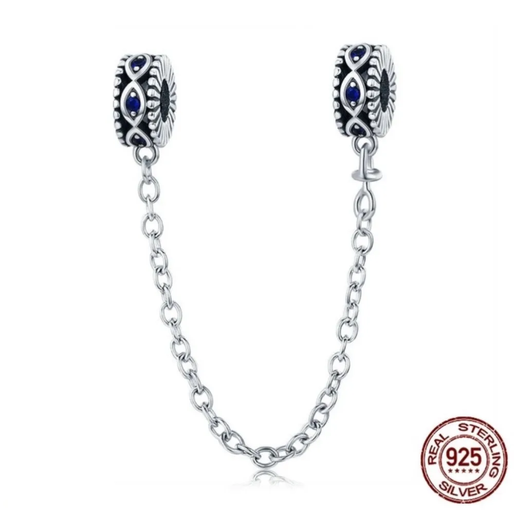 

925 Sterling Silver Guardian Blue Eyes Blue CZ Safety Chain Stopper fit Original Pandora Bracelet for Women Silver Jewelry