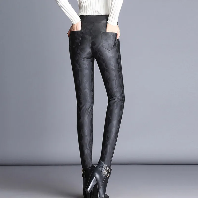 Mujeres N Pantalones Cintura Alta Pu Xinzhe Elástico Cuero Negro Estiramiento Faux Flacos 2018 Camuflaje rYxtIar