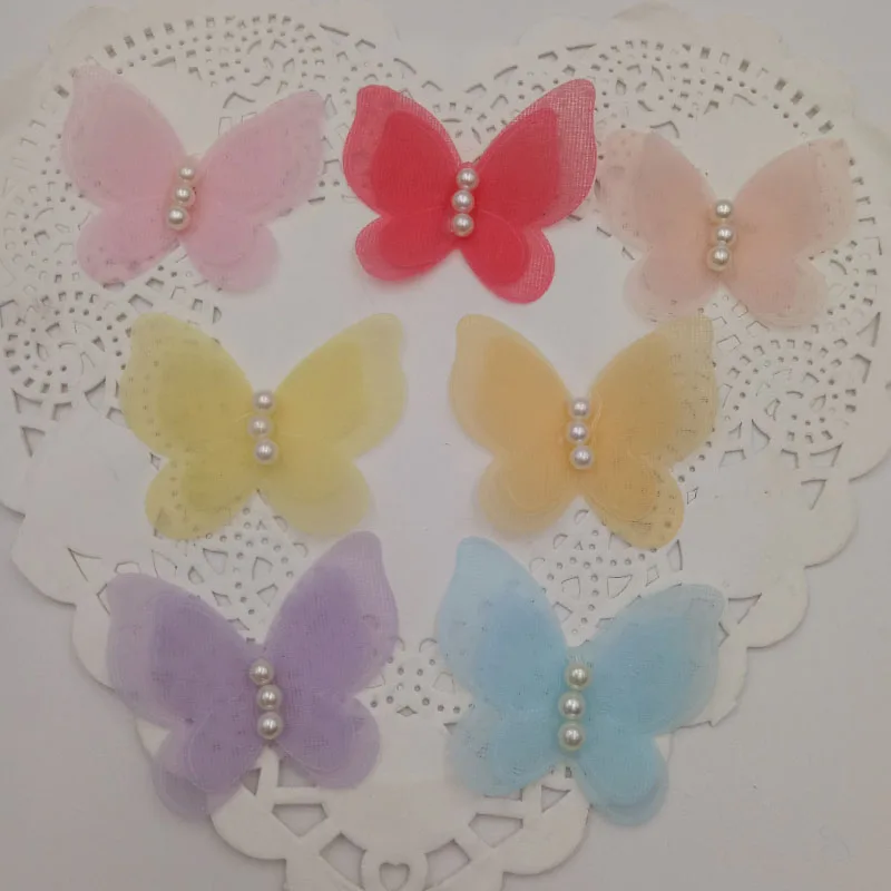 

20pcs/lot two layer butterfly with pearl applique patch for DIY jewelry accessories, Chiffon butterfly for Headdress accessories