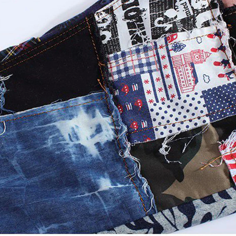 Sokotoo Men's patchwork spliced ripped denim jeans Male fashion slim colored patch buttons fly straight pants 4