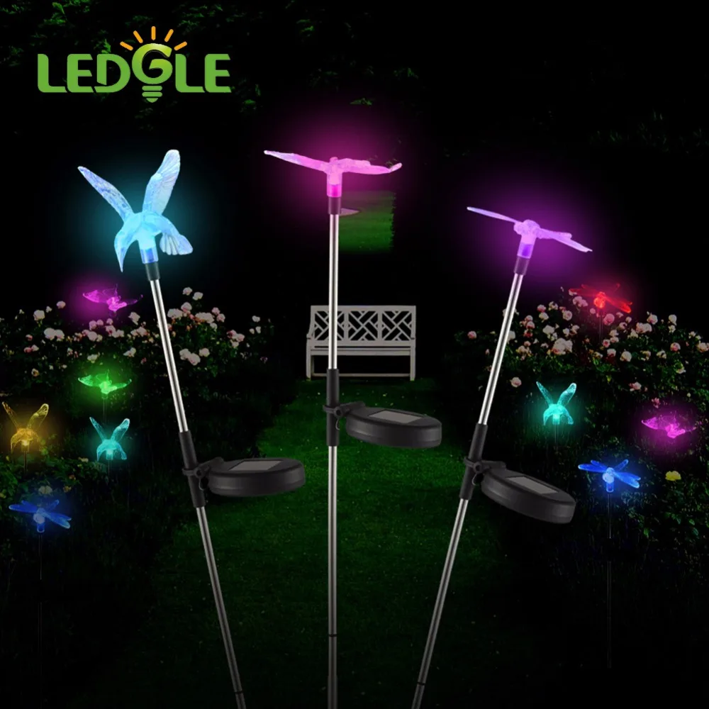 

LEDGLE 3PCS IP44 Waterproof LED Solar Path Light Animal Outdoor Garden Lawn Lamp LED Solar Light Dragonfly/Butterfly/Bird