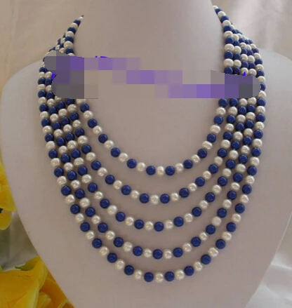 

N3301 100"round white freshwater pearls &lapis lazuli Necklace N Discount