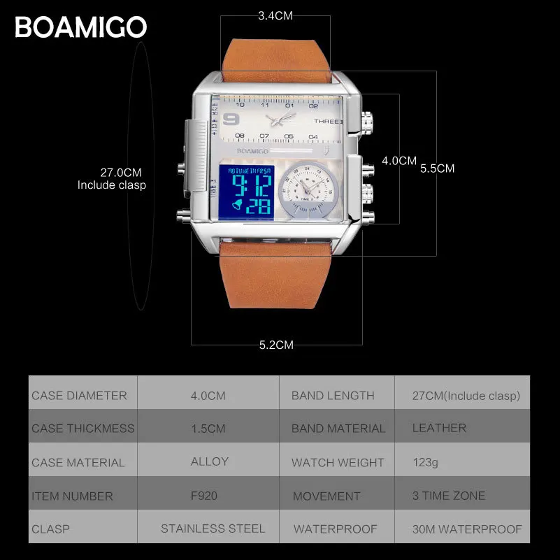 BOAMIGO мужские спортивные часы для мужчин с тремя часовыми поясами военные кварцевые цифровые часы брендовые квадратные кожаные электронные наручные часы