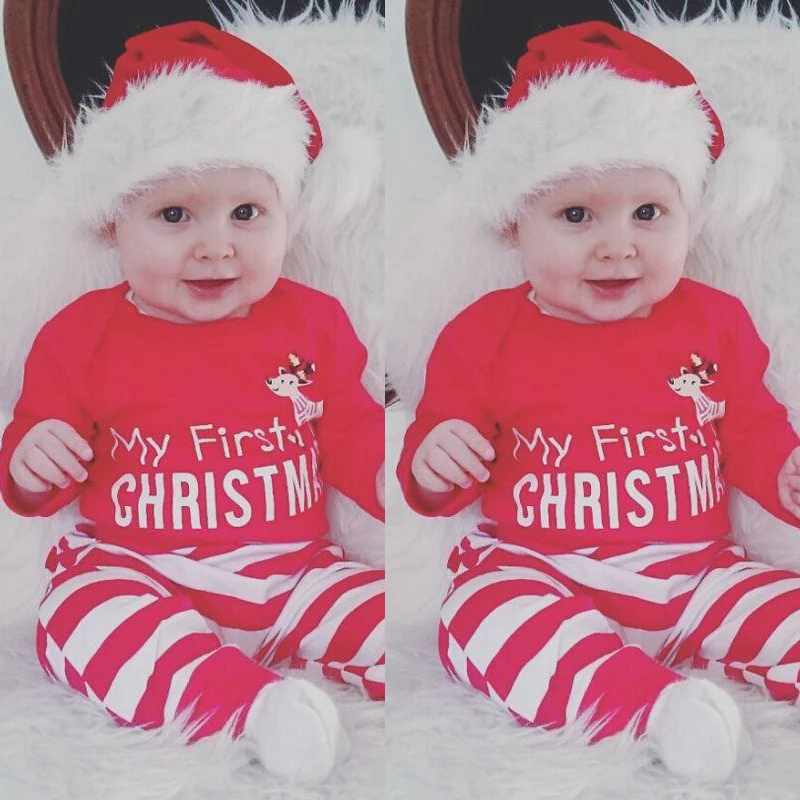 

Christmas Gift for Baby Boy Girl Elk Printed Clothing Sets Newborn Clothes Set Romper + Striped Pants 2pcs. Infant Suit SY247