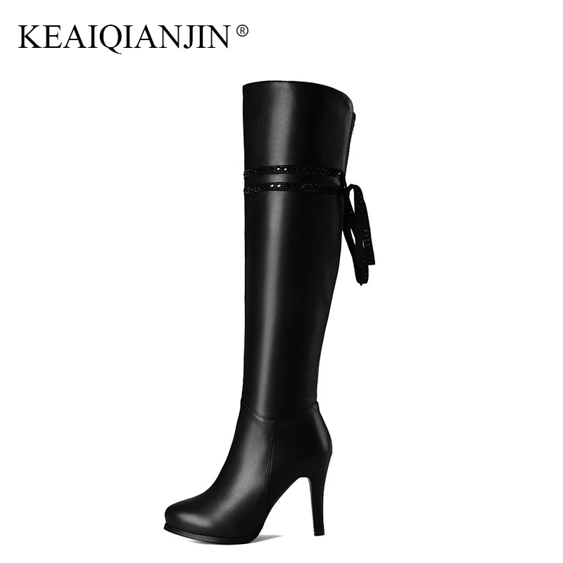 

KEAIQIANJIN Woman Butterfly Knot Knee High Boots Winter Black High Heeled Shoes Genuine Leather Crystal Thigh Knee High Boots