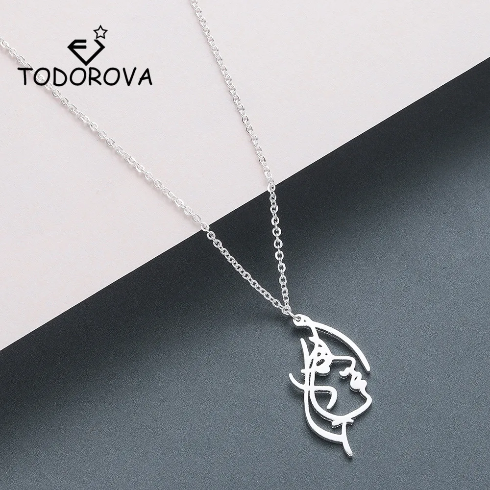 

Todorova Abstract Distorted Human Girl Face Pendant Necklace Hollow Facial Contour Long Necklaces for Women