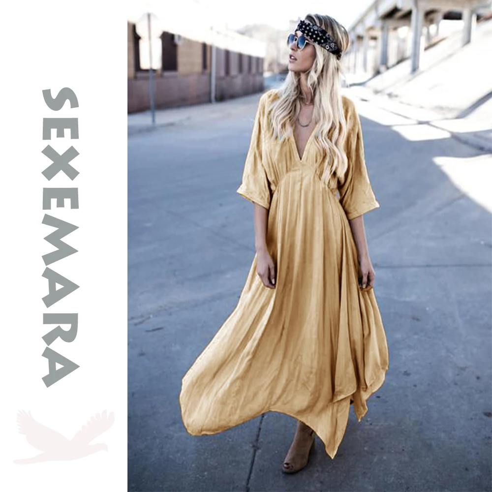 

Women Bohemia V-neck half Sleeve solid Ethnic summer and Autumn Beach Boho Long Dress Retro Hippie Vestidos Boho casual Dress
