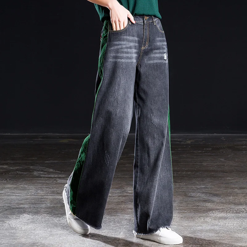 

Shangege Side Velvet Stripe Jeans Loose Wide Leg Jeans For Women High Waist Boyfriend Jeans Woamn Mom Casual Long Denim Pants