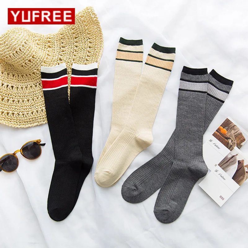 Spring Autumn New Striped Women Stockings Warm Hosiery Female College Wind Stripe Pattern High Tube Meias | Женская одежда