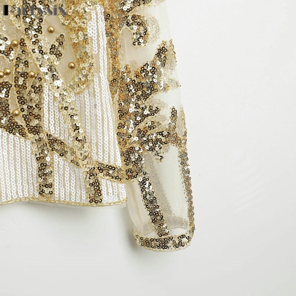 Partsix Sexy Sequined embroidery Gold Flower Shirt