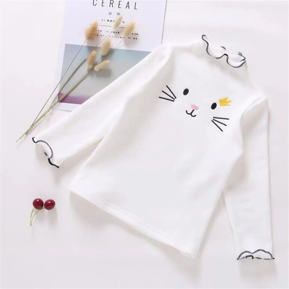 Весенне-осенняя хлопковая Футболка для девочек Повседневные детские футболки с длинными рукавами для девочек 2, 3, 4, 5, От 7 до 8 лет, детская одежда с милым котом - Цвет: White