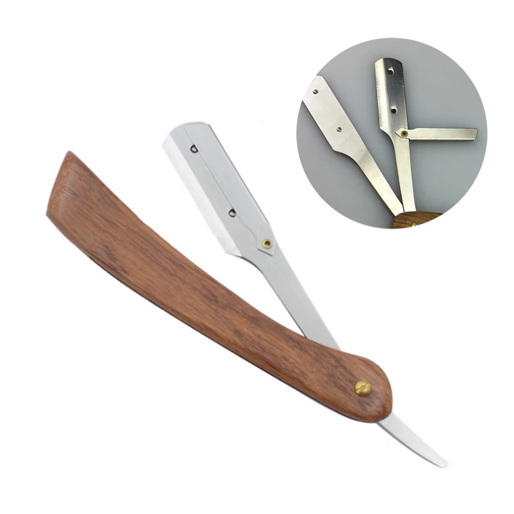 Men Manual Beard Shaver Wooden Handle Stainless Steel Straight Edge
