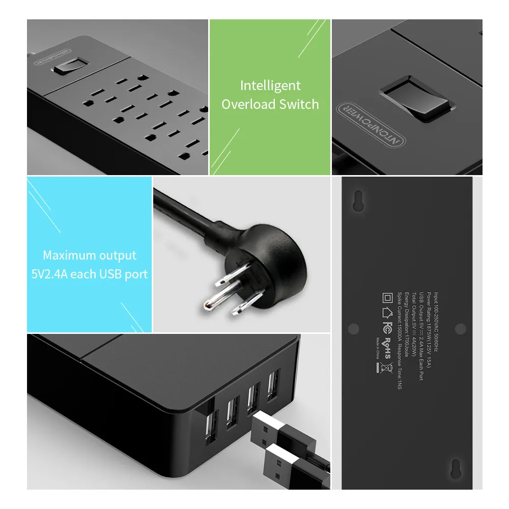 NTON POWER USB Power Strip Защита от перенапряжения штепсельная вилка США 12 розеток