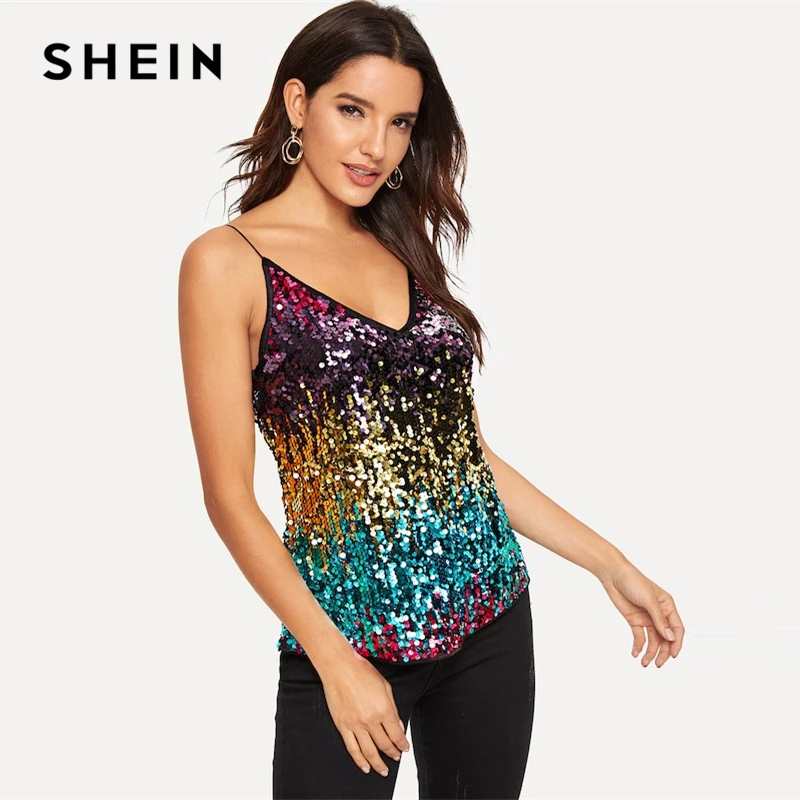 

SHEIN Sexy Double V-neck Sequin Colorblock Multicolor Cami Top Women Summer Spaghetti Strap Vests Streetwear For Women