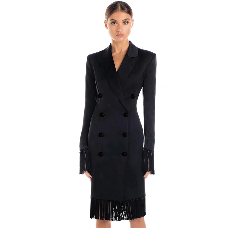 

Adyce 2019 New Spring Women Slim Trenches Coat Black V-Neck Double Breasted Fringes Coats Long Sleeve Tassels Fashion Club Coats