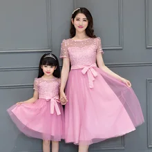 summer dress 2016 mother and daughter clothes family clothing girl short sleeve maxi dresses long pink