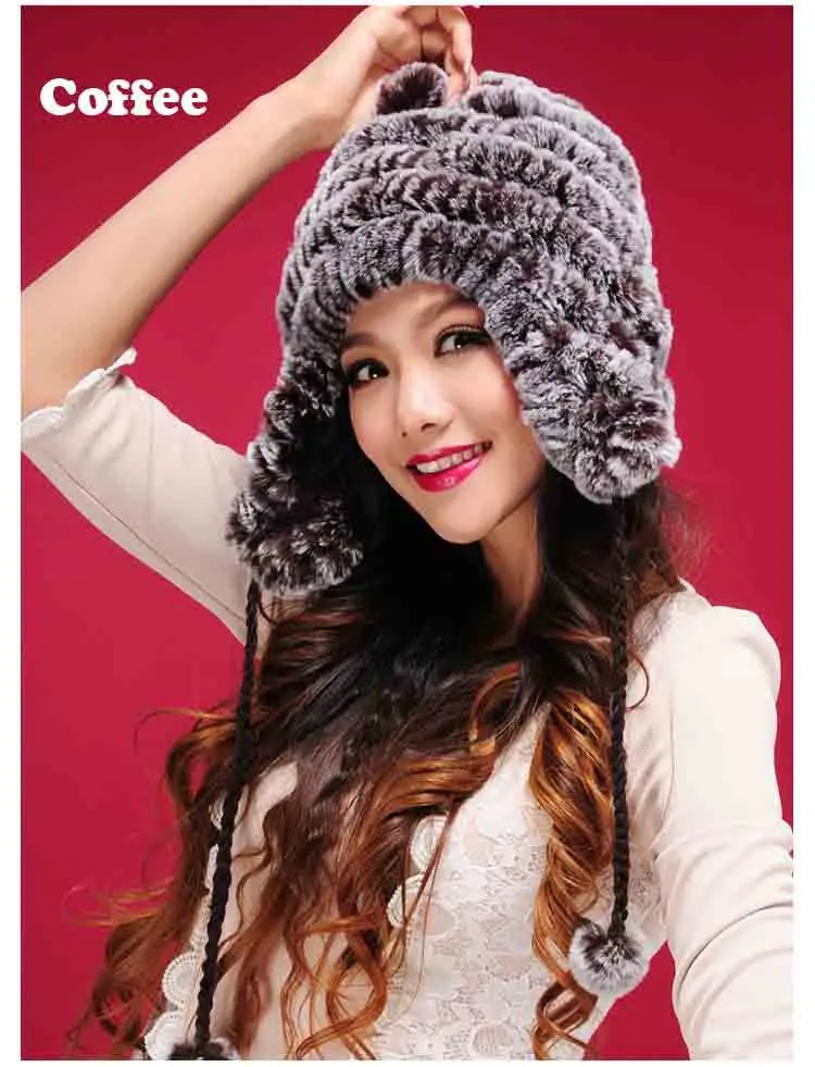 Женский зимний теплый реальный, натуральный, подлинный головной убор из кроличьего меха, зимняя теплая шапка, DFP356 - Цвет: Coffee