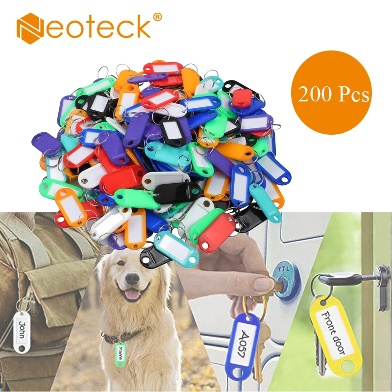 

Neoteck 200 Pcs Plastic Custom Split Ring Tags Labels Key ID Labels Tags with Key Ring Split Rings Luggage Tag