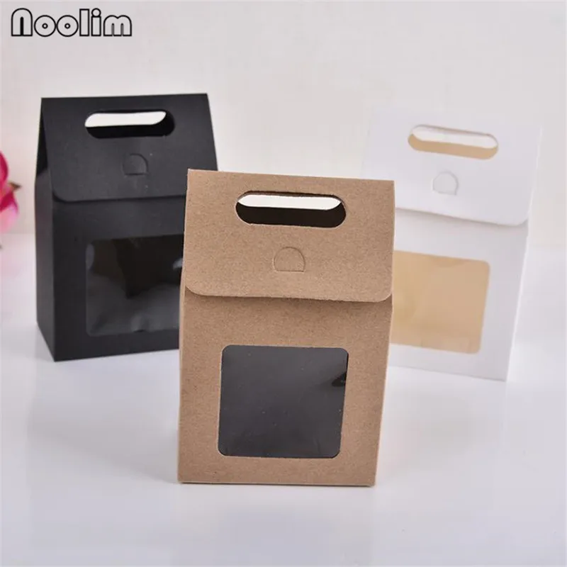 

12Pcs Kraft Paper Candy Box Square Bottom With Window Wedding Birthday Party Decoration Gift Bag Dessert Bag Wedding Suppliers
