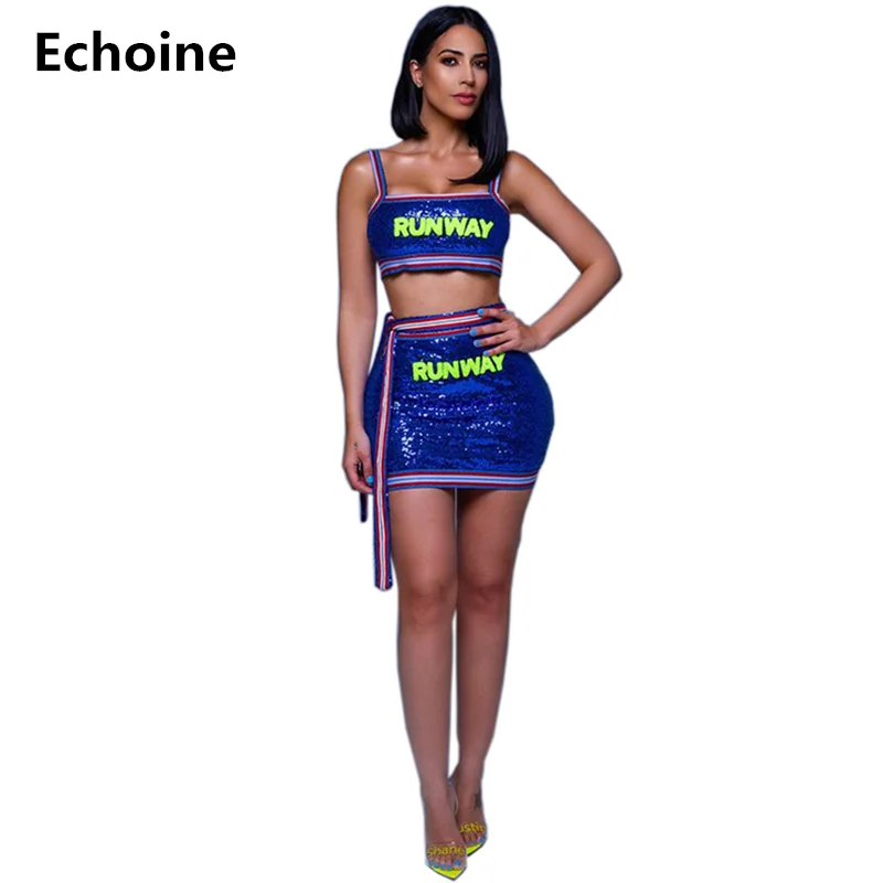 

2019 Summer Women Sexy Sequin Skirt Set Two Piece Set Spaghetti Strapd Crop Top and Mini Skirt Letter Print Sequin Club Outfit
