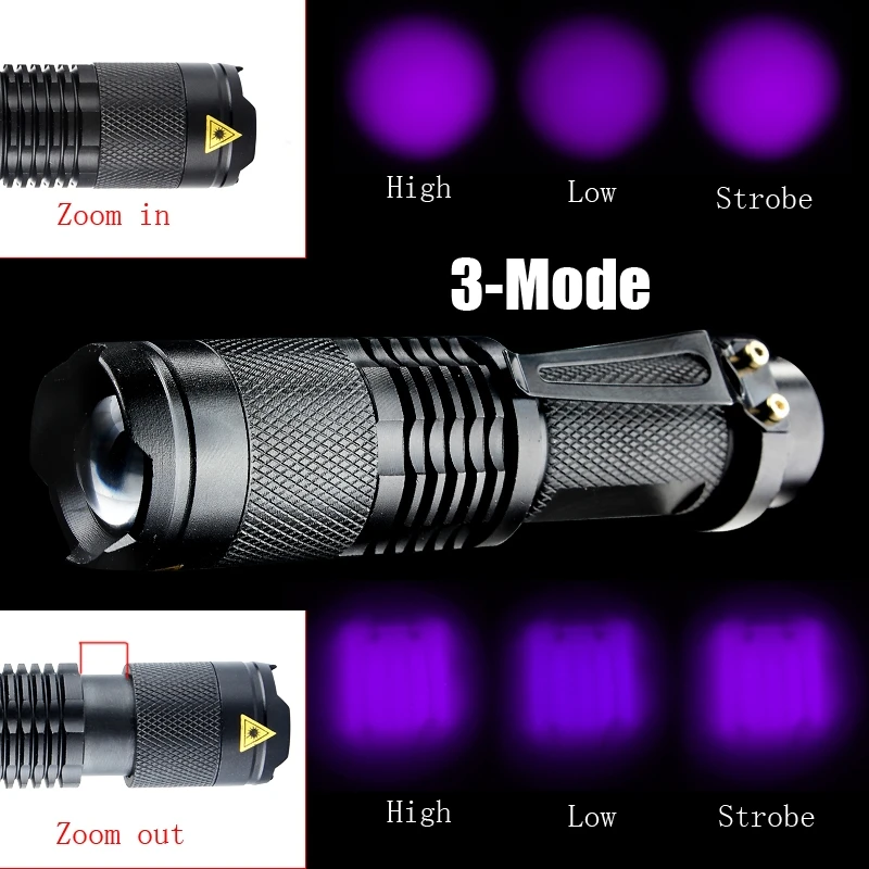 Mini Portable Zoomable LED UV Ultra Flashlight Purple Violet Light Blacklight UV 395nm Torch Lamp AA/14500 Battery