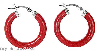 

925 Sterling Silver Chinese Red Carved lacquer Circle Earrings Leverback