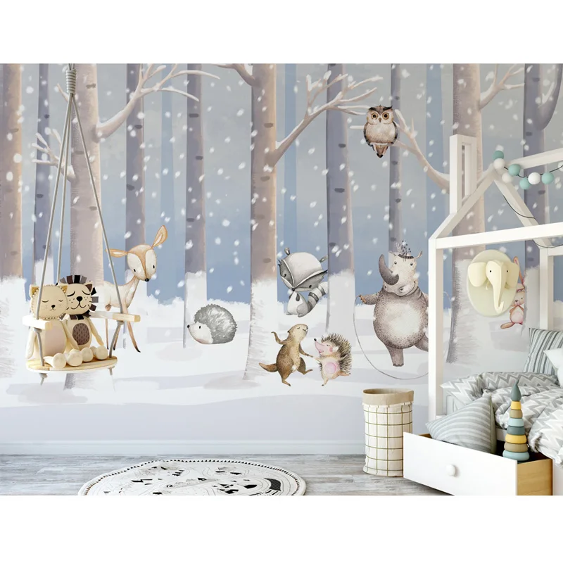 

Children's Room Wall Papers 3D Cartoon Animal Snow Tree Kids Wall Paper Mural Sticker Bedroom Self Adhesive Vinyl/Silk Wallpaper