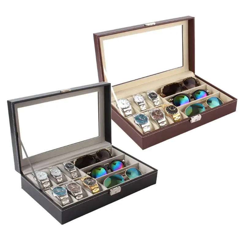 

6 Slot Leather Box Men Watch Glasses Display Case Organizer Jewelry Storage Transparent cover