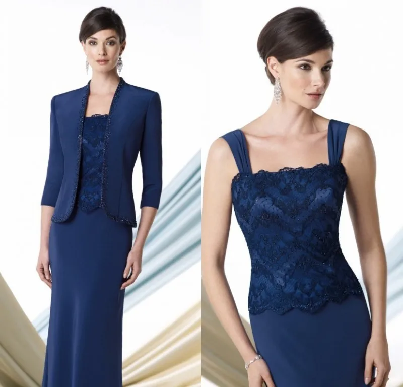 

Navy Blue Evening Dress Mother Of Bride 2015 New Fashion Bride Mother Jacket Dress Lace Top Formal Gowns