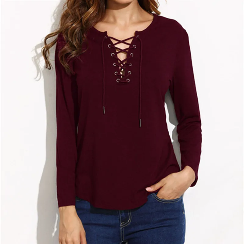 Skup 2018 Nowa Moda Wiosna Kobiety V neck Tee Shirty Damskie Z Długim Rękawem Lace up Topy Casual Solidna Eleganckich Bluzek Stree nosić S XL